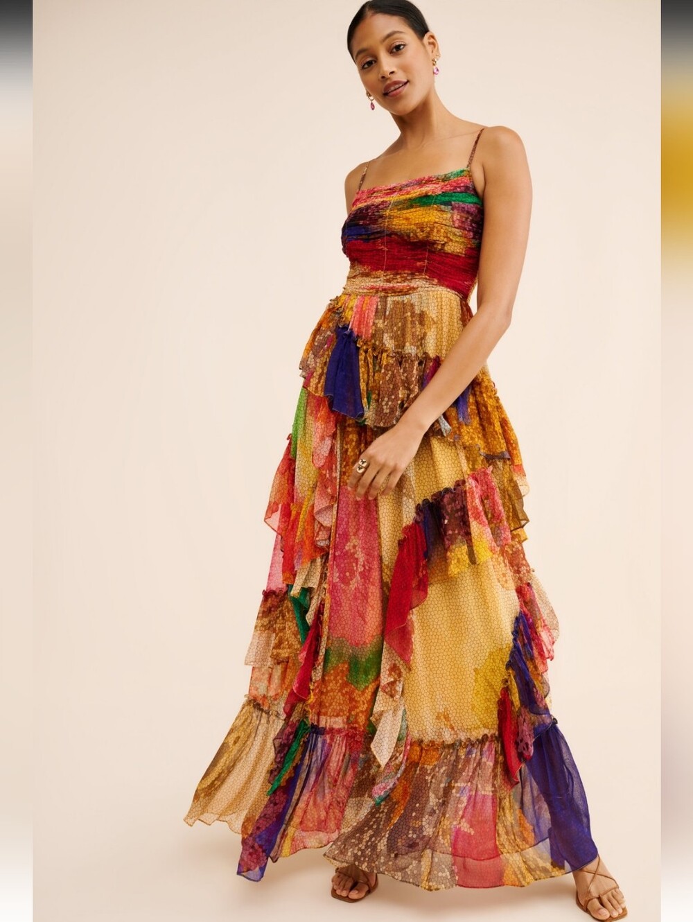 Siddhartha Bansal Paradise Chiffon Tiered Multi Print Maxi Dress